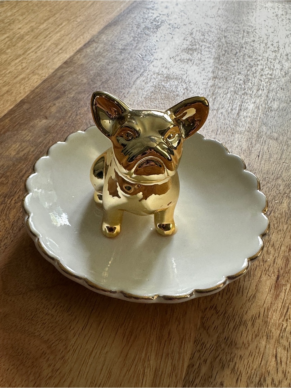 Gold Ceramic French Bulldog Jewelry Dish with Gold Trim White Scalloped Dish